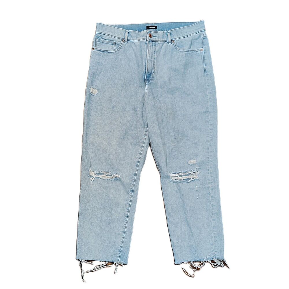 Express Mom Jean Super High Rise Crop Size 12 Light Wash Distressed Raw Hem - Picture 2 of 6